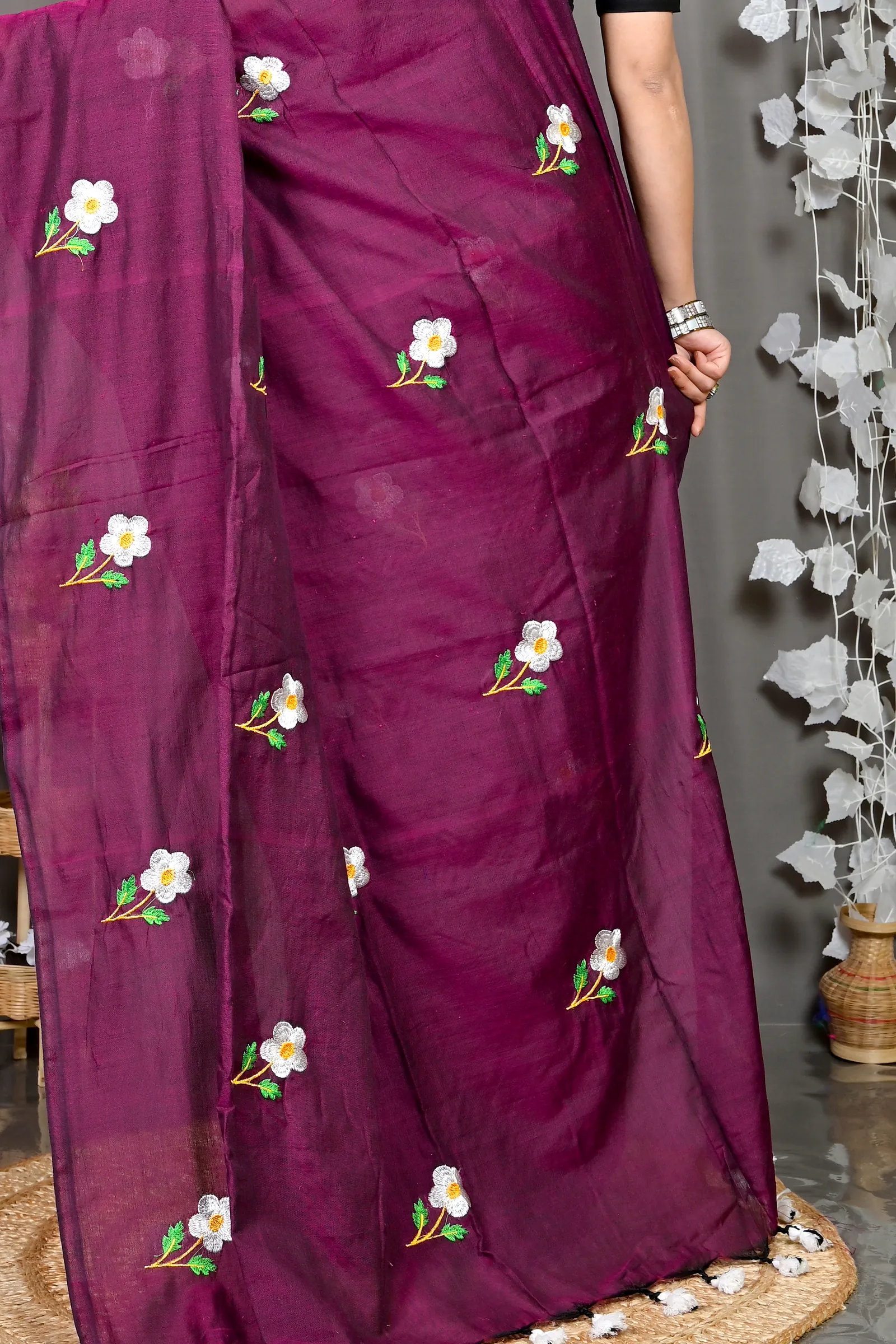 Violet Pure Cotton Paray Embroidery Handloom saree (299)